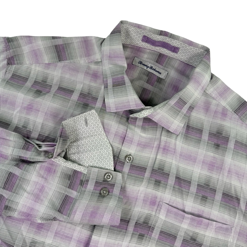 Tommy‎ Bahama Silk Blend Flip Cuff Button Up Shirt Plaid Purple Gray Long Sleeve